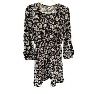 Womens Floral Puff Long Sleeve Waisted Mini Length Dress XS Swing Round Neck